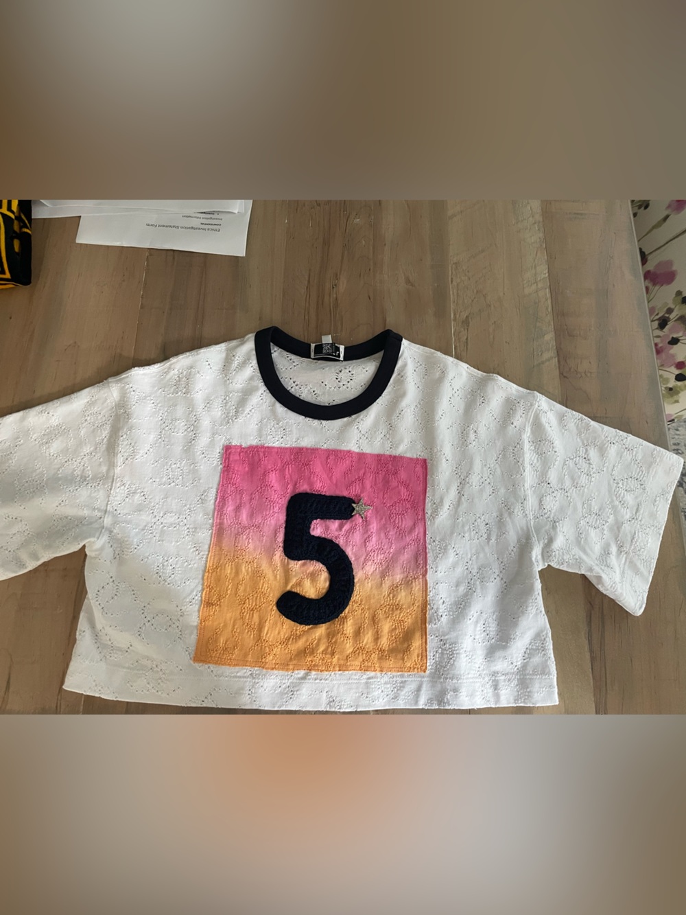 CHANEL White Eyelet Short Sleeve Tee with Pink-Orange Ombre Panel and Black Trim